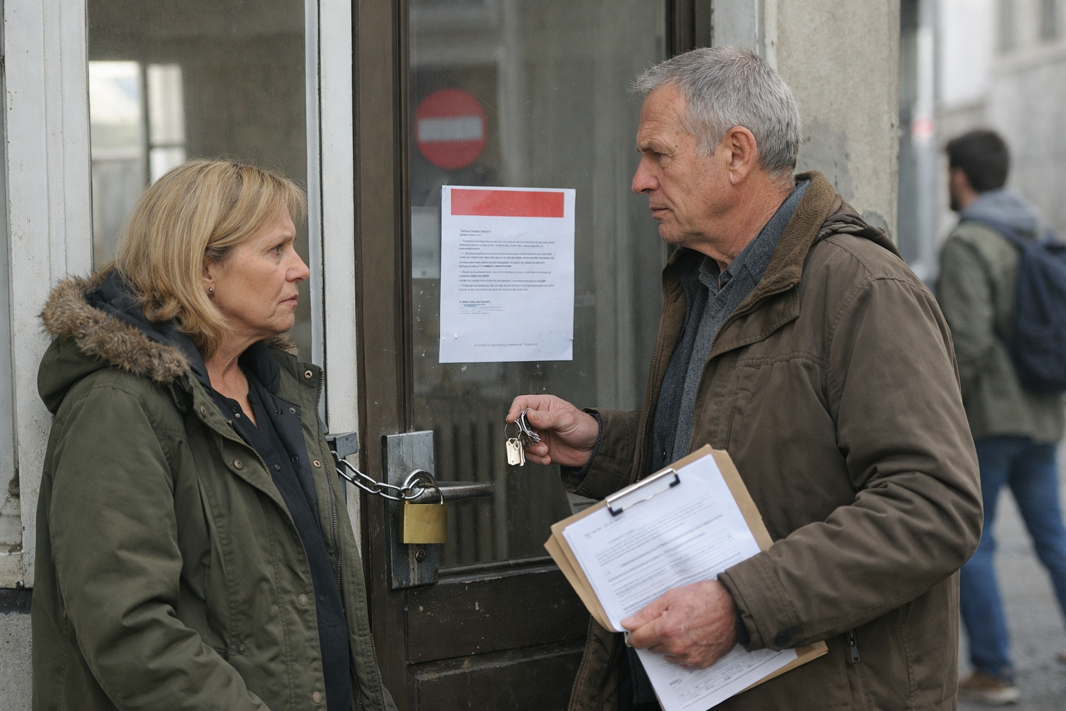 Homme avec presse-papiers et clés discutant devant porte