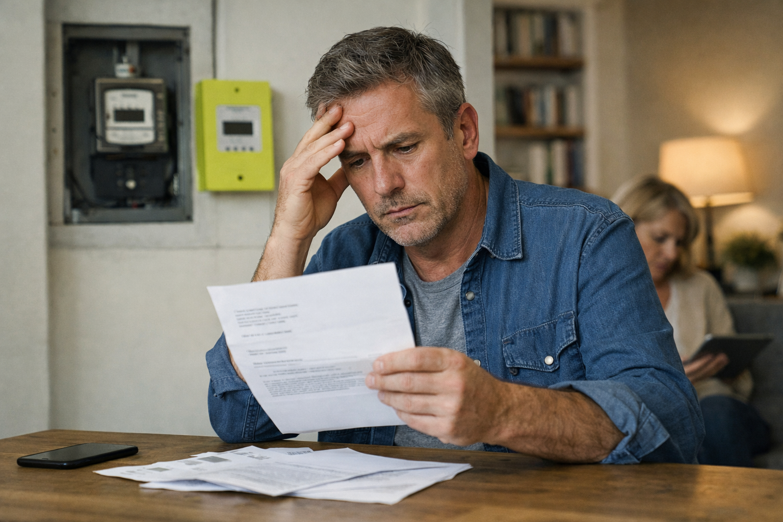Homme préoccupé lisant une facture à table
