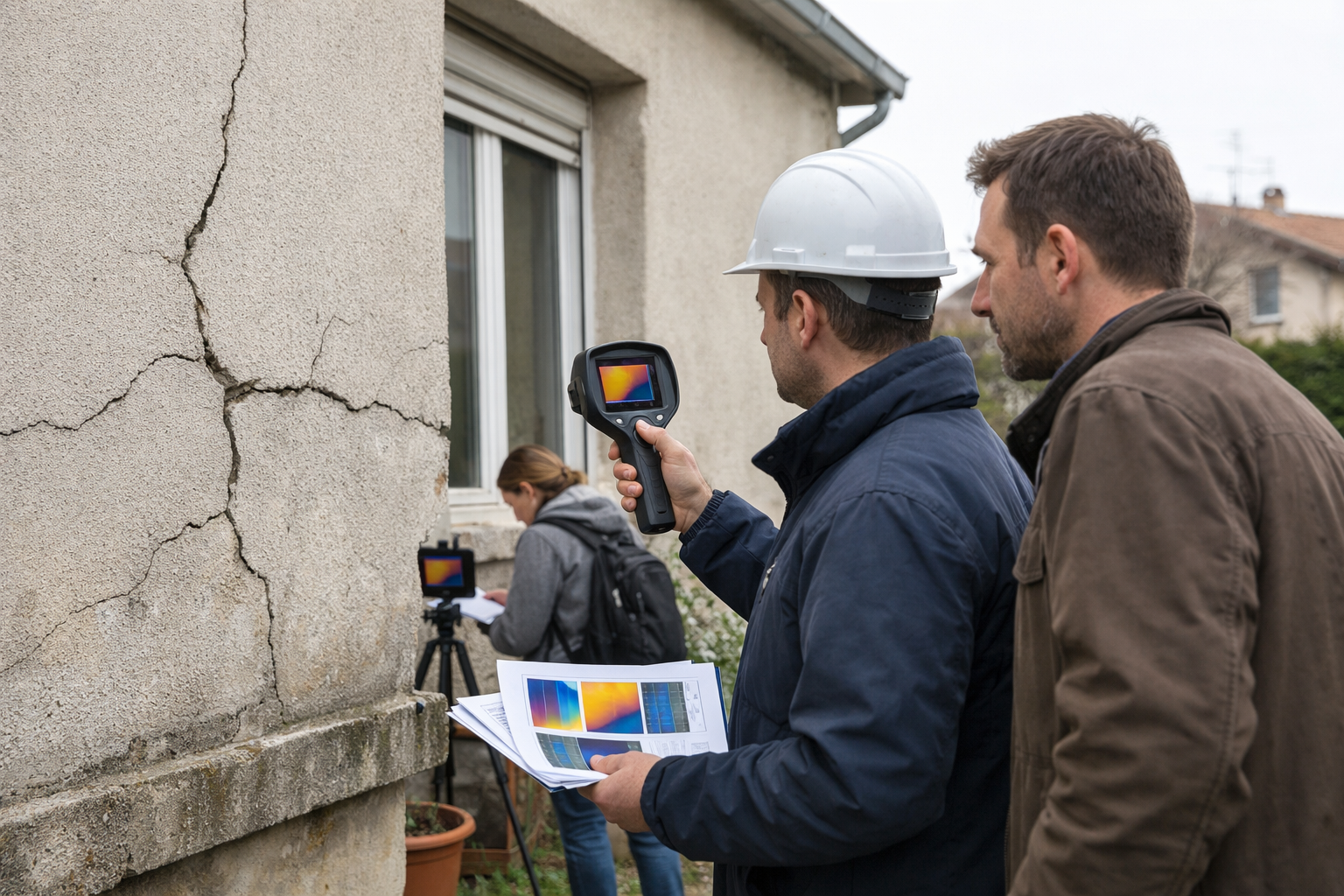 Technicien avec caméra thermique inspectant façade fissurée