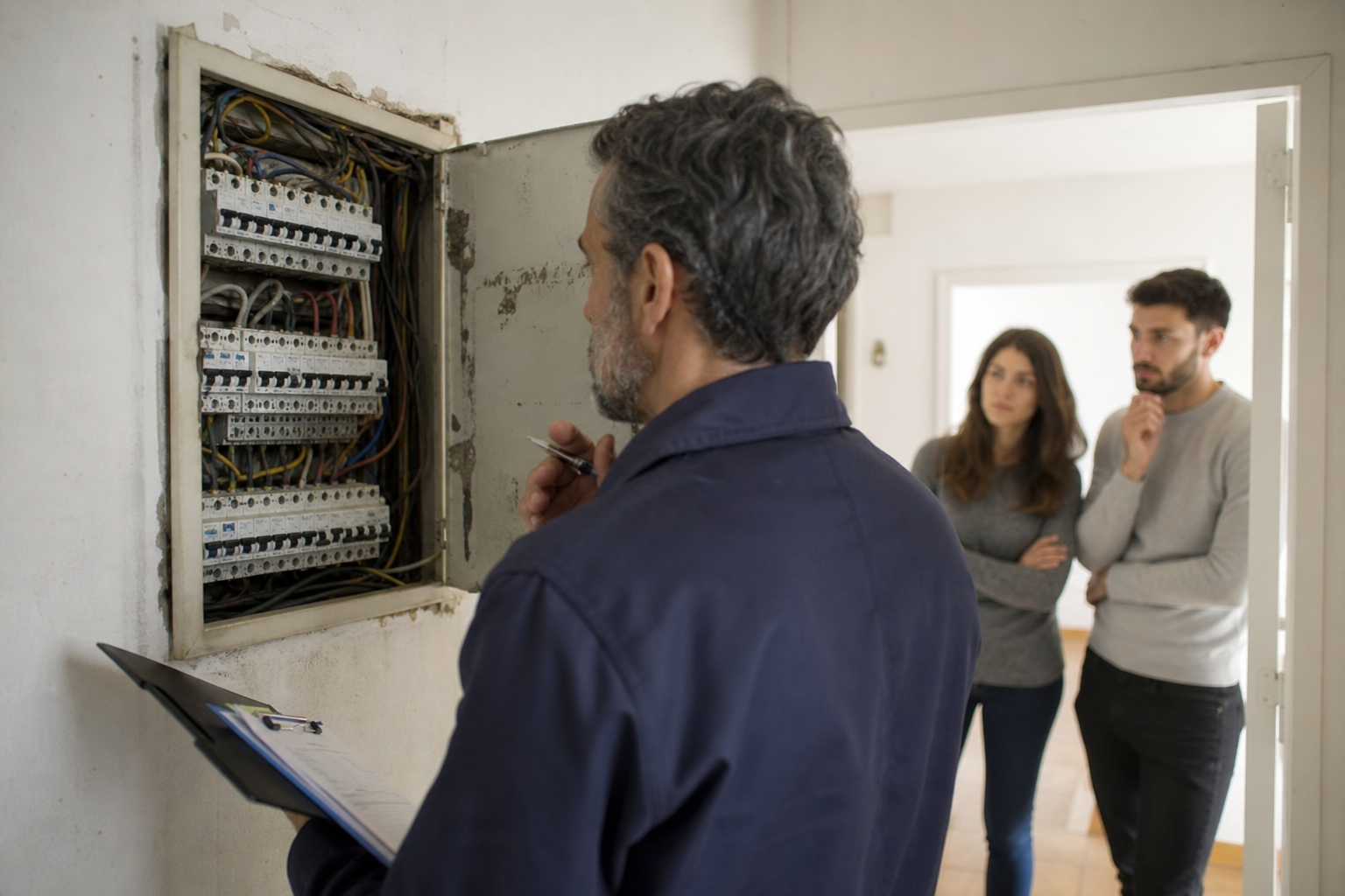 Électricien inspectant un tableau électrique, cliente en arrière-plan