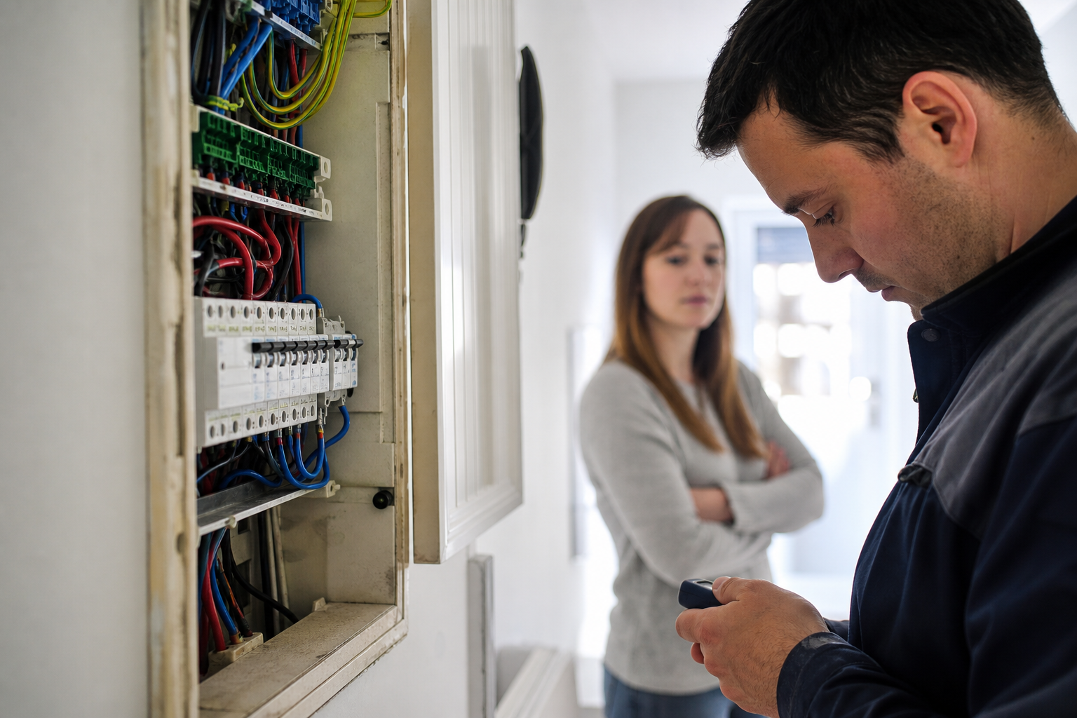 Homme vérifiant son téléphone devant un tableau électrique, femme observant