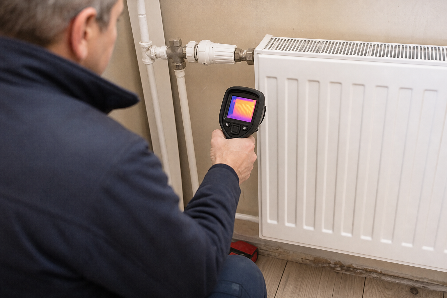 Technicien utilisant une caméra thermique devant un radiateur