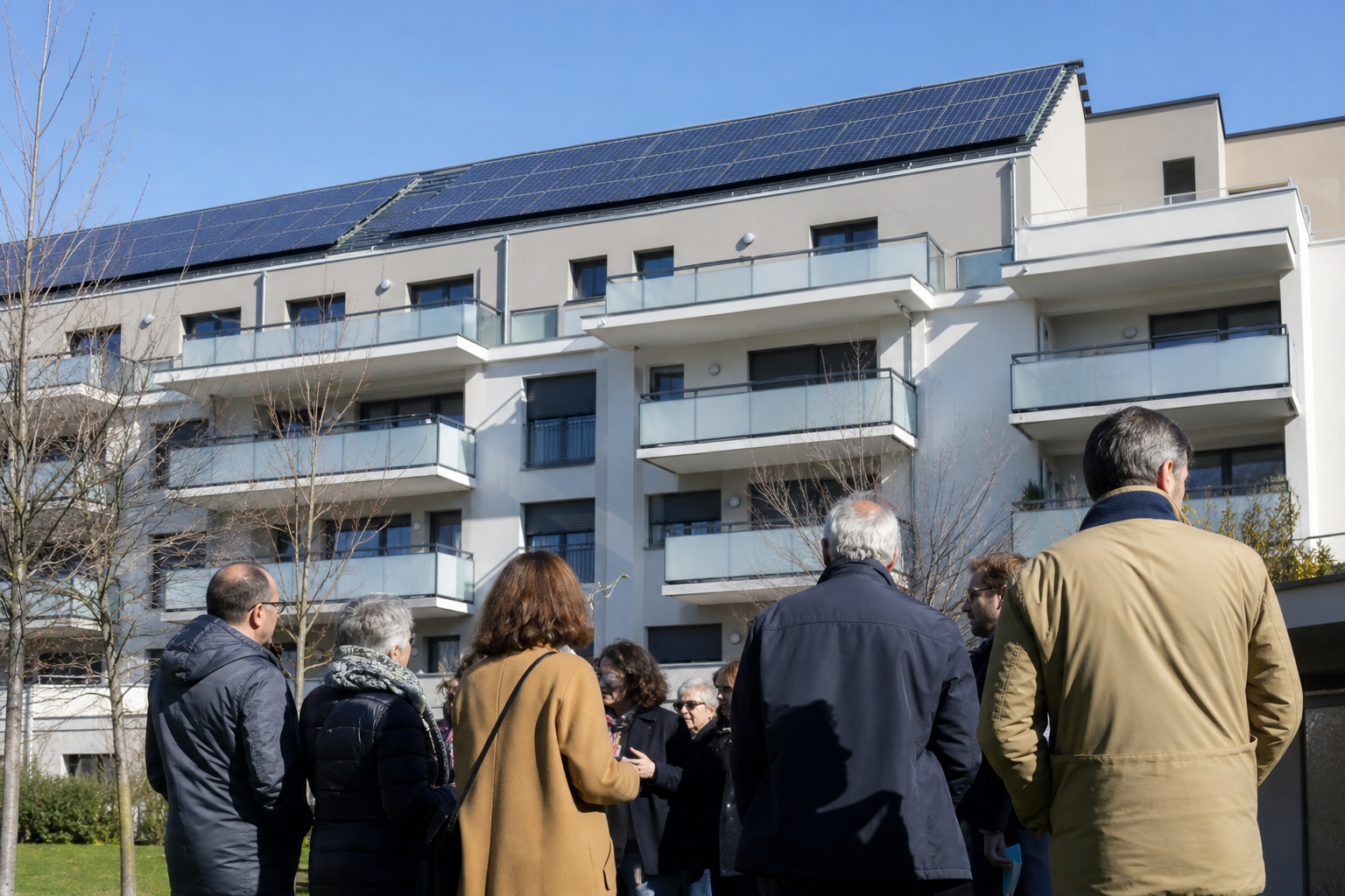 Groupe observant immeuble résidentiel avec panneaux solaires